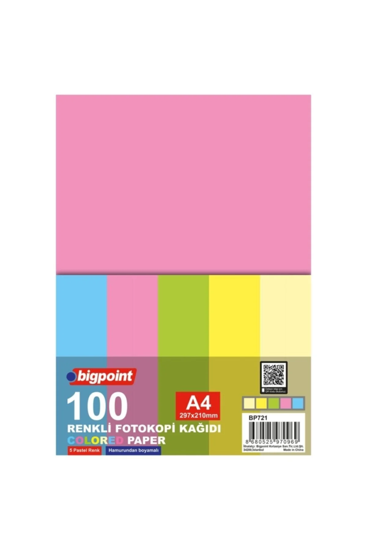 Bigpoint A4 100'lü Renkli Pastel Fotokopi Kağıdı (5 Pastel Renk)